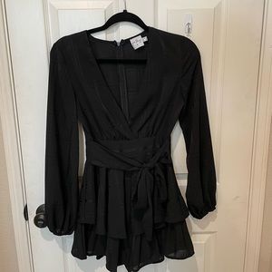 Princess Polly Black Romper with tie around waist.